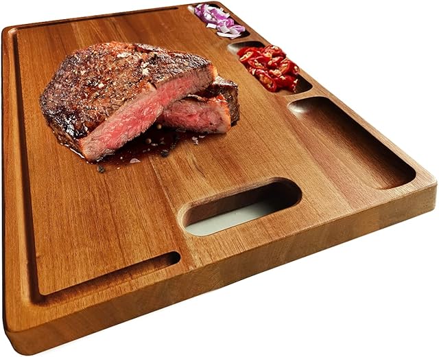 NIUXX Large Wooden Chopping Board with Juice Grooves, Organic Thick Acacia Cutting Board with Handle, Reversible Serving Platter for Chopping Meat, Vegetable, Bread, Hardwood Cutting Carving Block