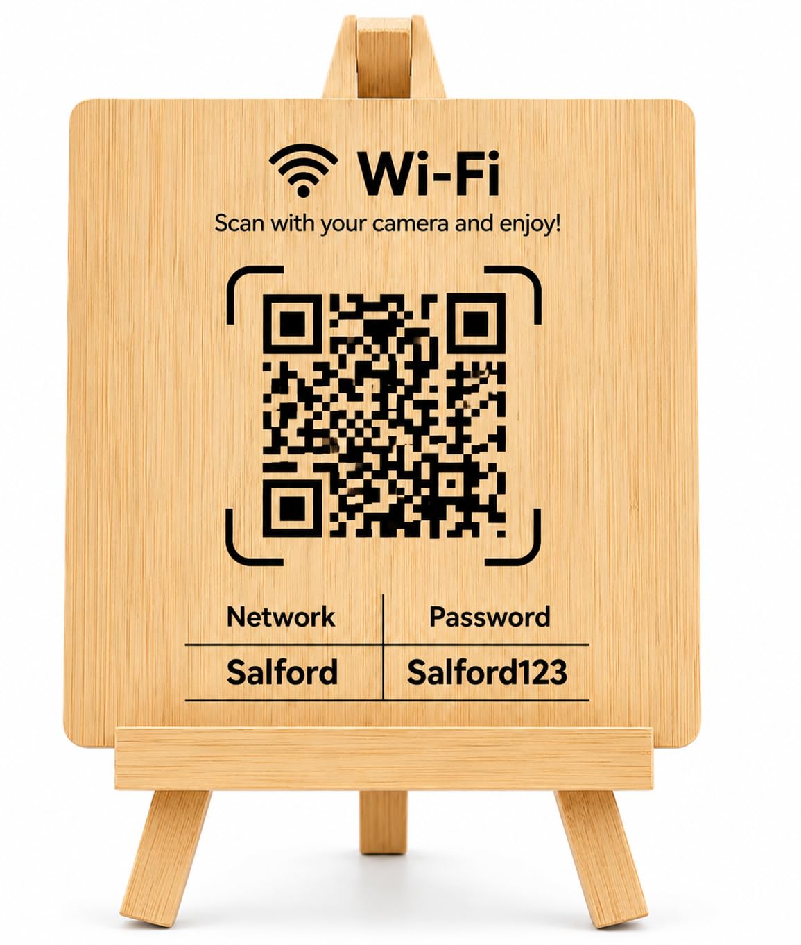 QR Code Plaque Wooden WiFi Sign with Display Stand, Personalised Network Details Sign for Home Guest Room Office Airbnb Accommodation with Laser Engraved Wooden Design