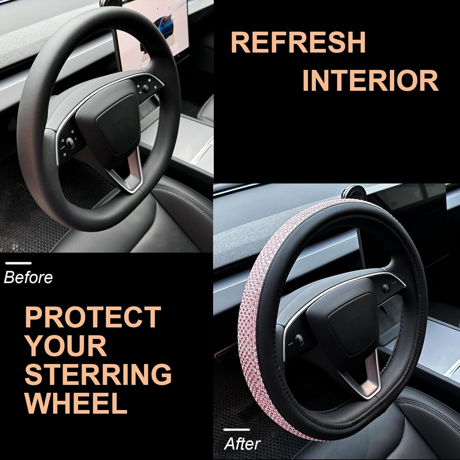 PINCTROT Bling Comfy Steering Wheel Cover for Tesla Model Y/3 Highland/Juniper, D Shaped 14 Inch Small Sized with Jumbo Crystal Rhinestones, Flat Bottom with Anti-Slip Diamond Leather (Pink)