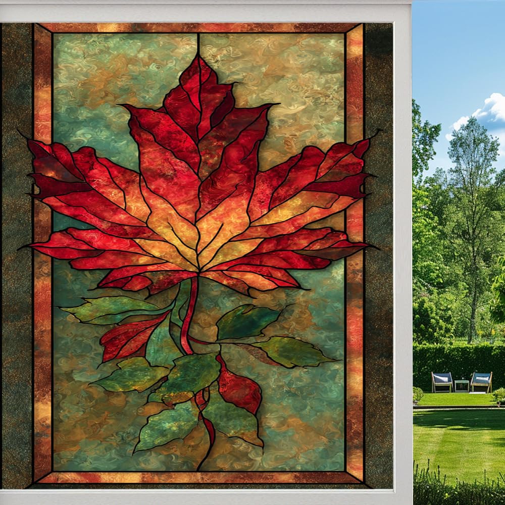Colorful Autumn Leaves Stained Glass Window Film, Natural Maple Leaf Peel and Stick Privacy Film, Frosted Adhesive Vinyl Decorative for Bathroom Windows Glass Doors, （50x100cm）