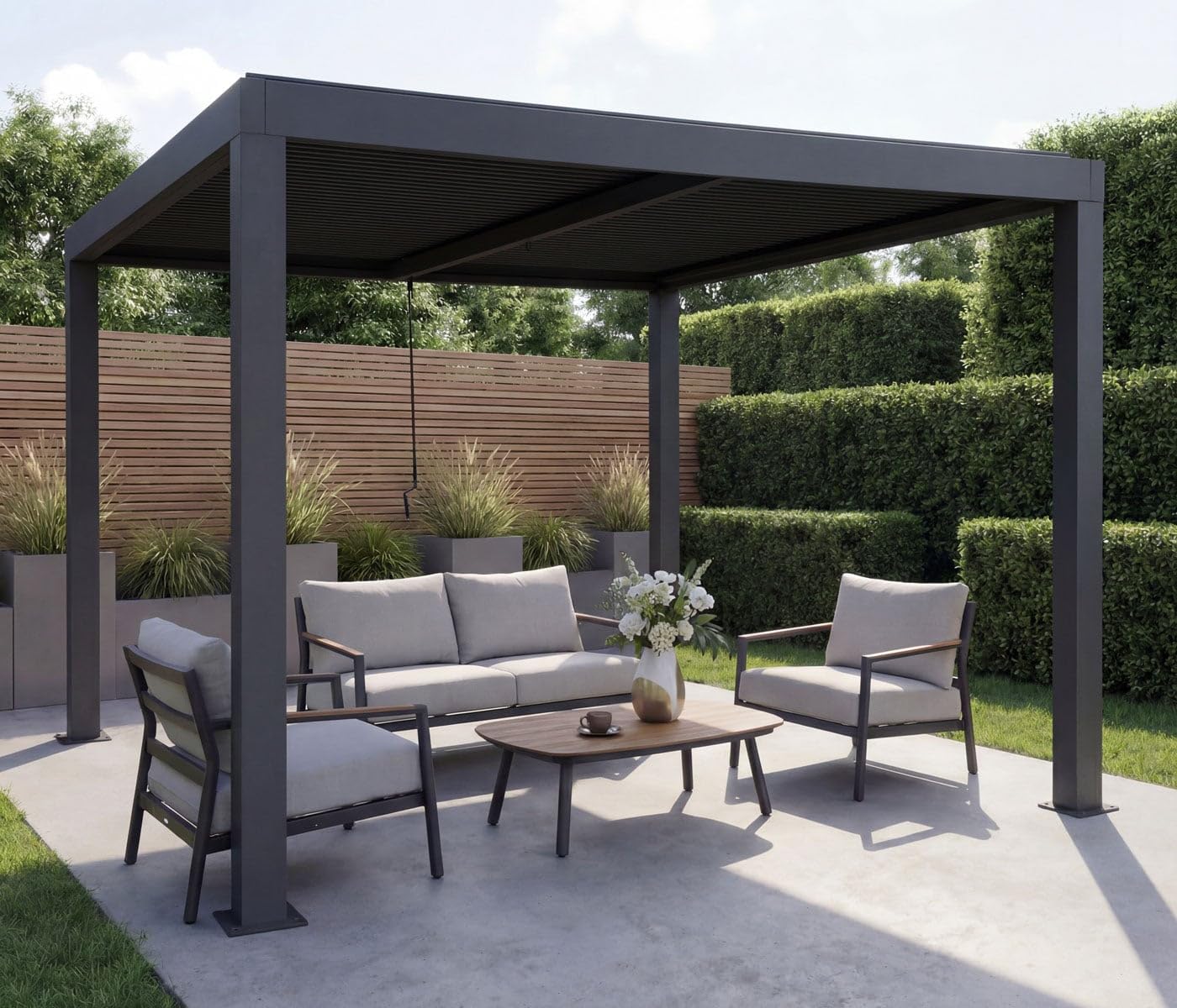 Pergola HWC-L46, pawilon ogrodowy z lamelami, stal aluminiowa 10 cm, żłobek deszczowy odporny na sztorm, 3 x 3 m - antracyt