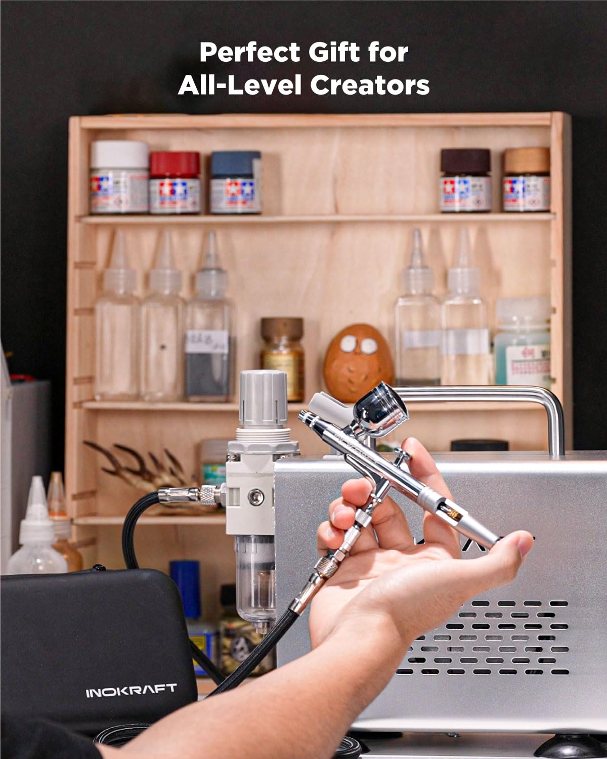 Inokraft Zestaw Airbrush Pro z 3 zestawami dysz 0,2, 0,3 i 0,5 mm – podwójny uchwyt grawitacyjny i poradnik, farba do malowania modeli
