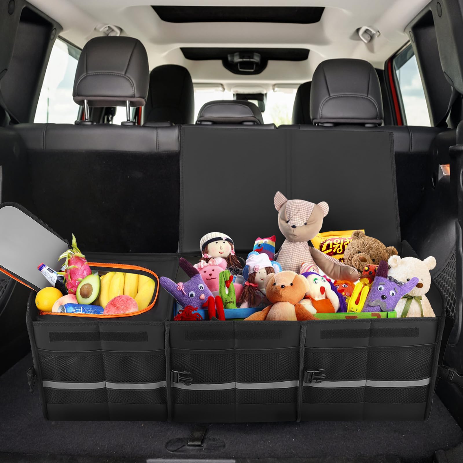 XXXL Rangement Coffre de Voiture, 115L Pliable Organisateur avec 6 Compartiments et Couvercle, 24L Sac Isolant Amovible, Fond Antidérapant et Poignées, pour SUV Camion Camping Quotidien, 89x36x31cm