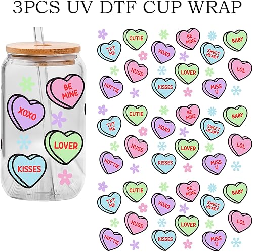 Miniatura 3 de Calcomanía de transferencia de vidrio UV DTF - 3 unidades XOXO Sweet Heart Craft Transfers, calcomanía impermeable para tazas de vidrio de 16 oz -