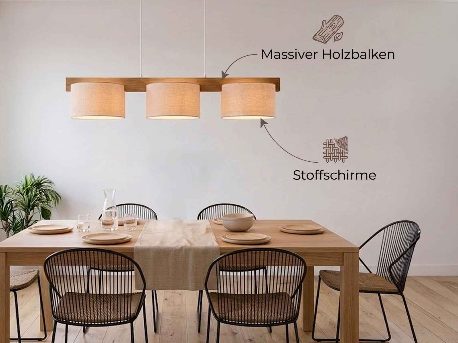 meineWunschleuchte Pendelleuchte mit Holzbalken & Stoff Beige, Breite 100cm, Esstischlampe Holz 3-flammig E27 skandinavisch