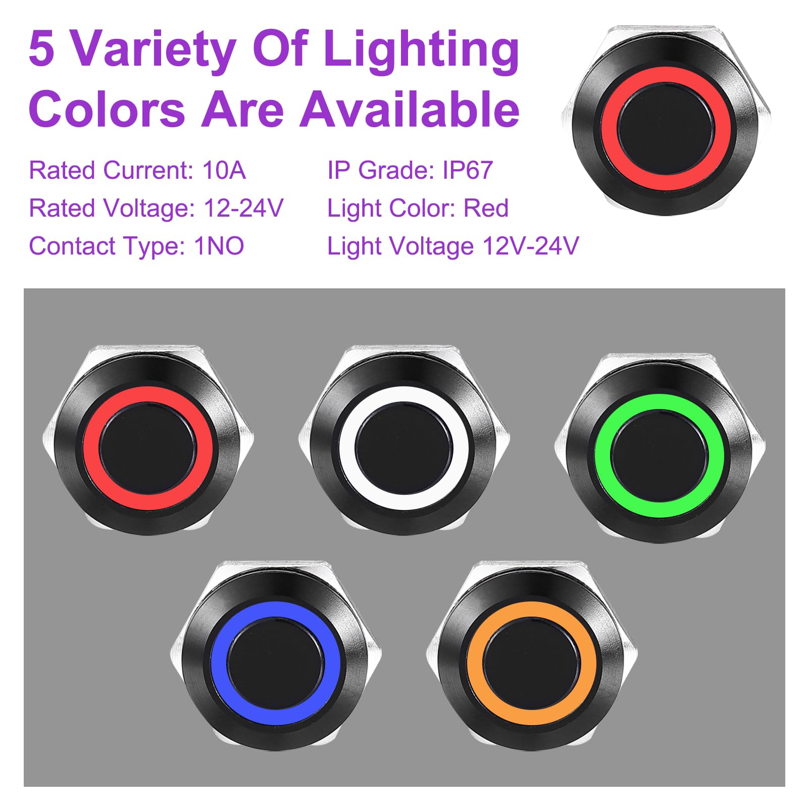 DMiotech 1 Pcs 16mm / 5/8" Stainless Steel Latching Push Button Switch 1NO 10A 12-24V Silver Button Red Ring Lamp with Socket Plug with Wire for Car Boat Systems Custom Setups - Image 3