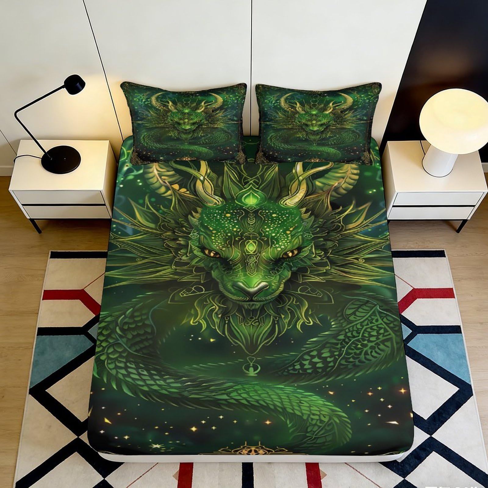 Uxinyoume Style-8 3D Printed Green Dragon Fitted Sheet Microfiber Soft Breathable Mystic Serpent Mattress Cover For Bedroom Dorm Decor 90X200x25cm