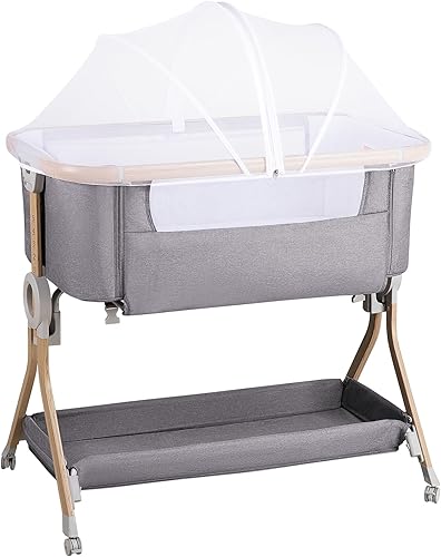 Miniatura 9 de Larex Cuna para bebé con mosquitera, bolsa de almacenamiento y canasta, 5 alturas ajustables, ruedas móviles, colchón transpirable y malla