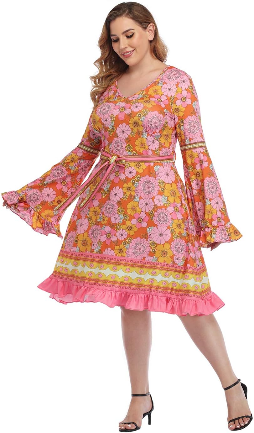 HDE Plus Size Bell Sleeve Dress Ruffled Vintage 70s A line Hippie Goth Witch V Neck Long Sleeve Knee Length Tie Belt Costume
