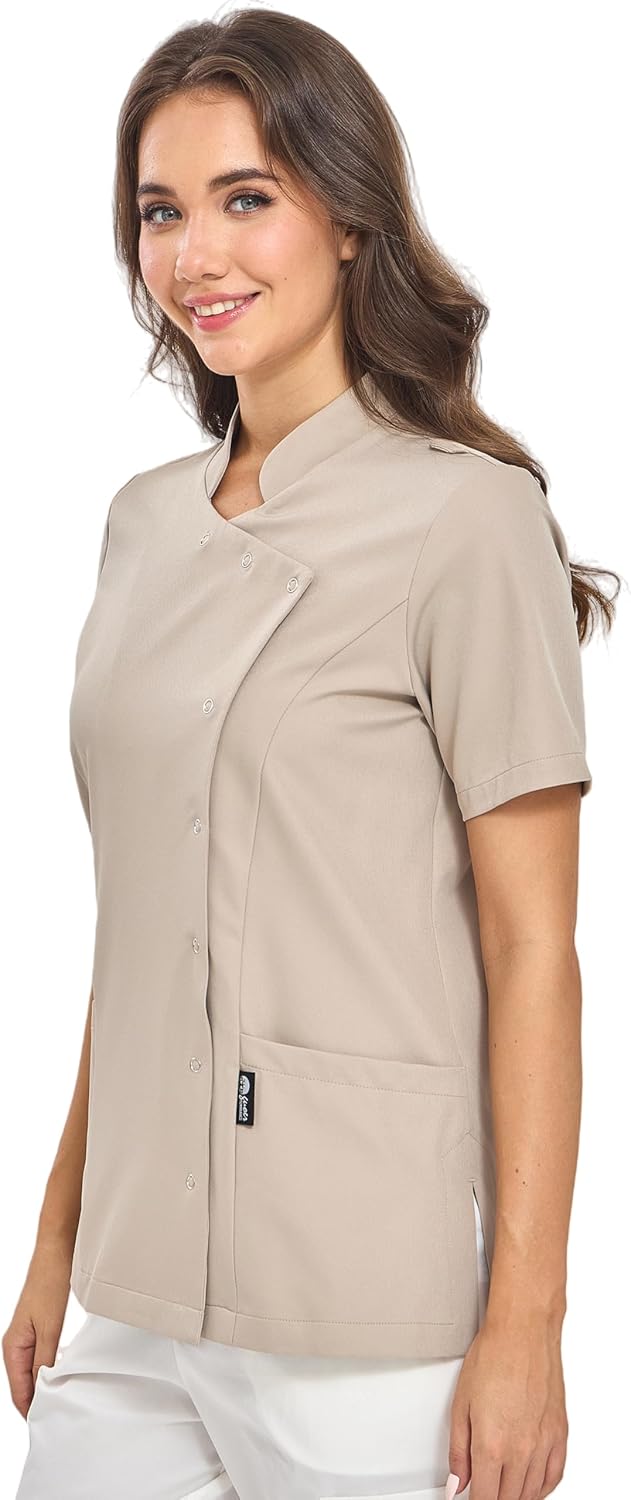 GUOER Scrub Tops Women,Mandarin Collar, Front Snap Fasteners,Side Slits,Back Pleats,3 Pockets