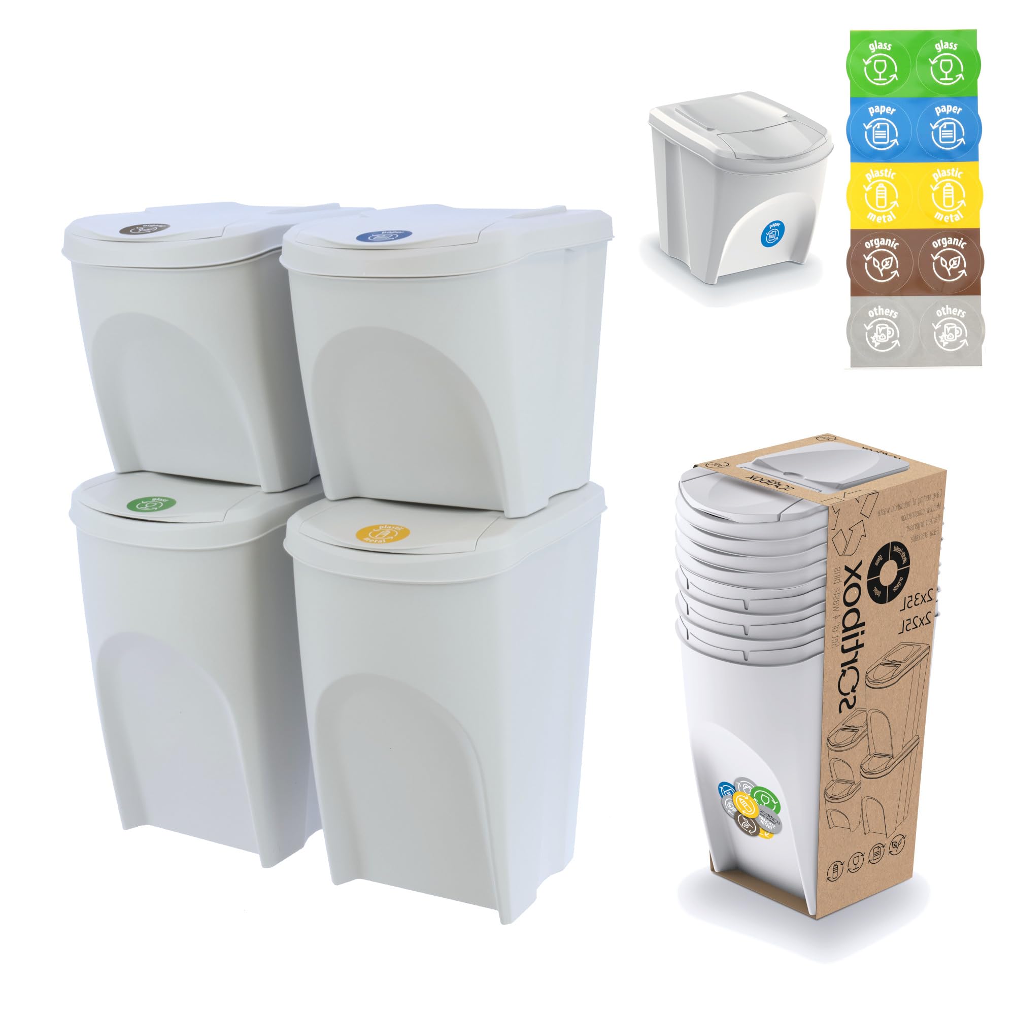 botle 4-częściowy zestaw koszy na śmieci 120 l system segregacji śmieci - zestaw składający się z 2 x 35 l + 2 x 25 l koszy na śmieci w kolorze białym, popielaty kolor, do układania w stos, kompaktowy