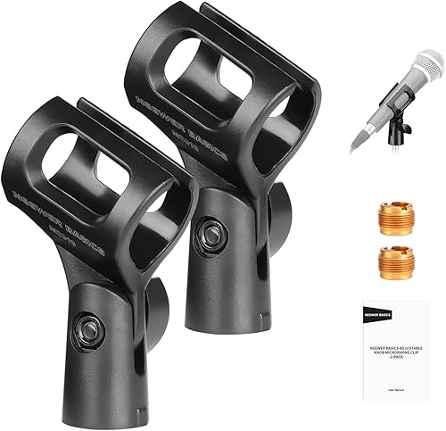 NEEWER BASICS Microphone Holder Accessories Kit 2 Pack, Adjustable Mic Clips with 3/8" to 5/8" Screw Adapters for Universal Wired Wireless Handheld Mics from 28mm to 35mm, MS019