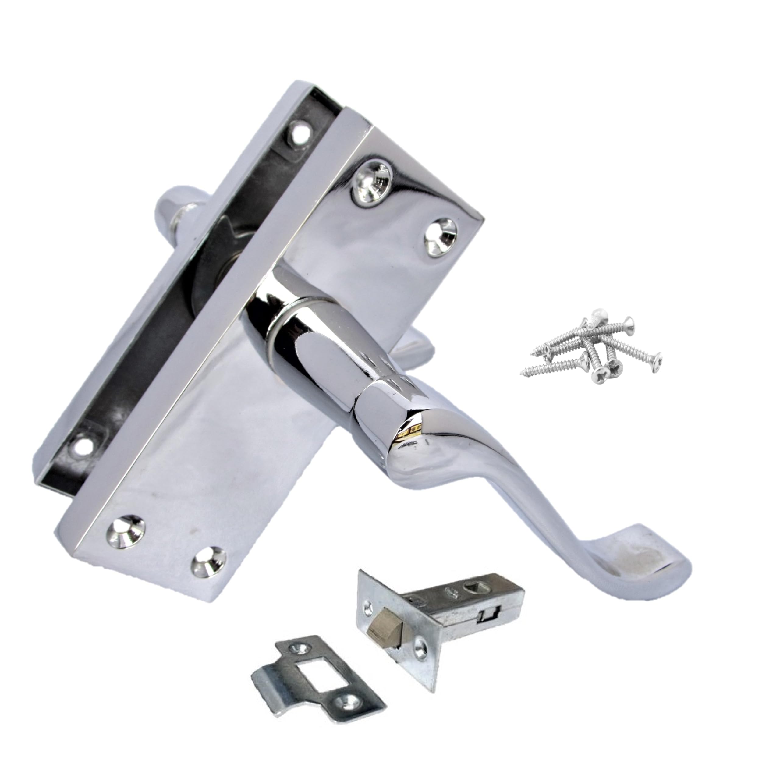 Epsom Door Handle Silver Victorian Scroll Lever Handle On Backplate – 118Mm X 42Mm Plate, 120Mm Lever – Polished Chrome Door Handle – Pack Of 1– With 63Mm Tubular Latch