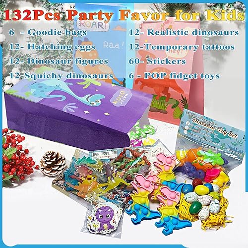 Miniatura 2 de Recuerdos de fiesta de dinosaurios para niños, suministros de fiesta de cumpleaños, 132 piezas de juguetes de dinosaurios, bolsas de regalo, huevos