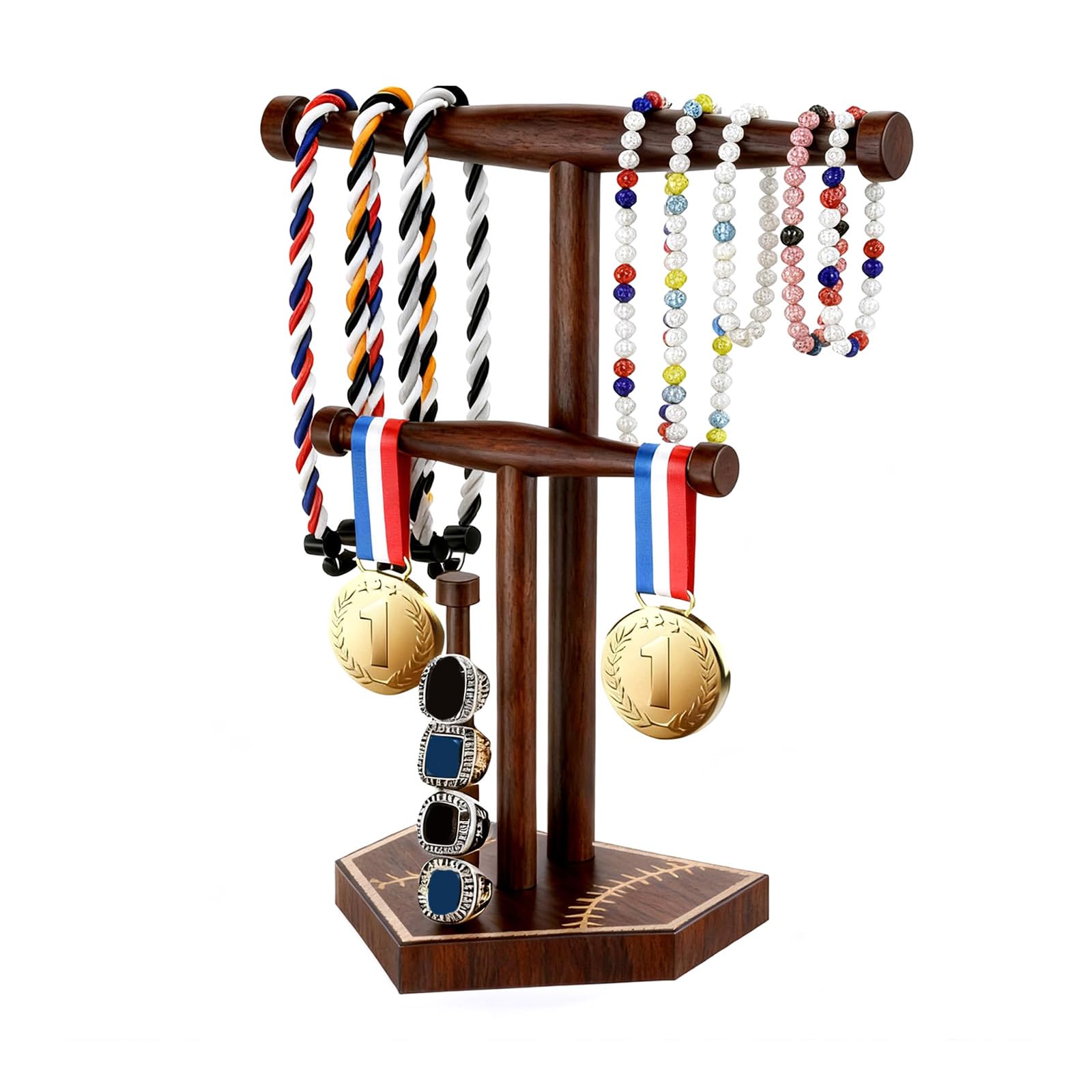 Buxuaaaa Decorationative Wood Stand for Displaying Baseball Softball Rings and Necklaces Sports Memorabilias Hanger Rings Holder
