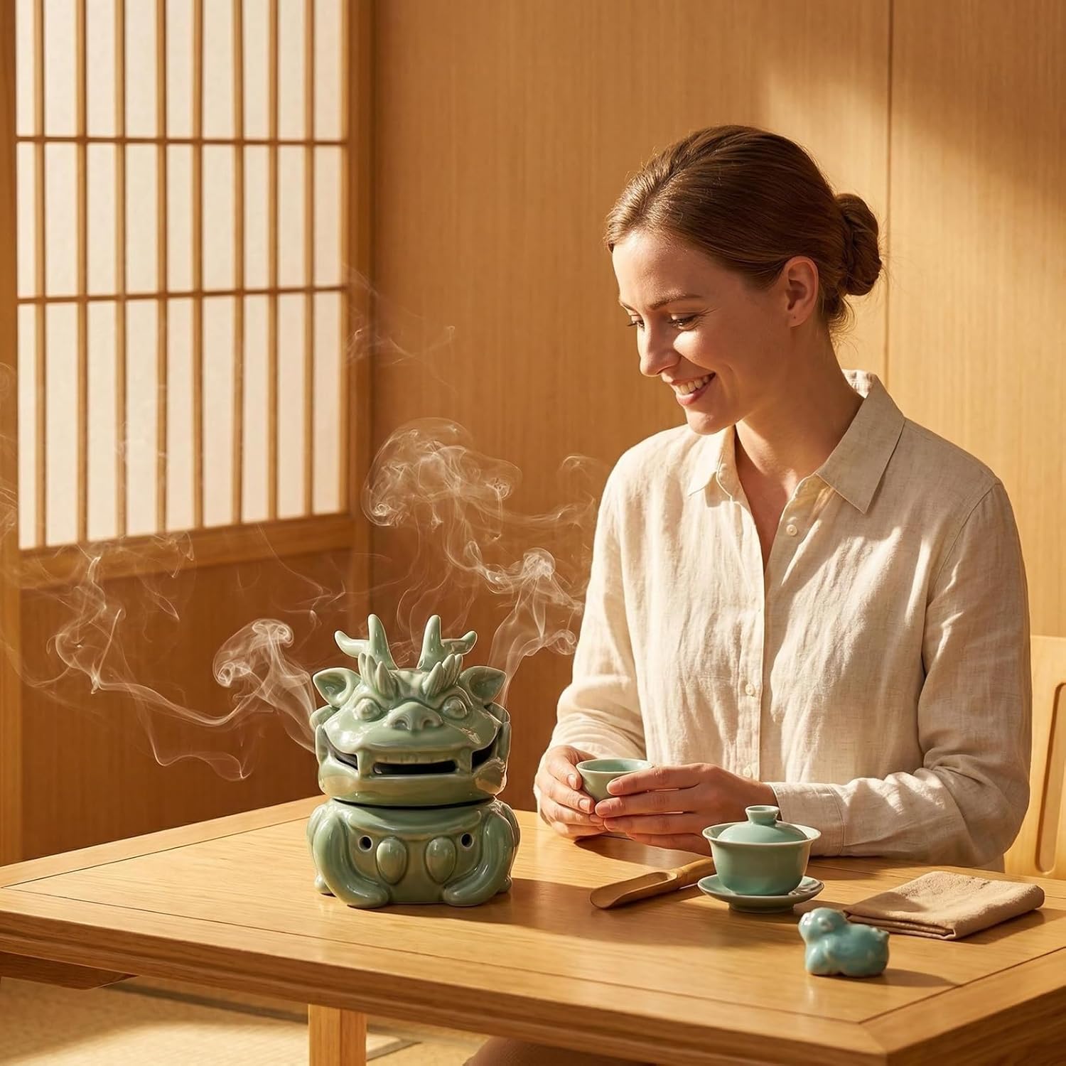 Mini Ceramic Incense Burner - Chinese Classic Plum Green Celadon Glaze, Fragrance Cone & Stick Holder Palo Santo/Sage/Herb Burner for Meditation, Yoga, Desk Decor, Zen Relaxation Gift (Dragon-A)