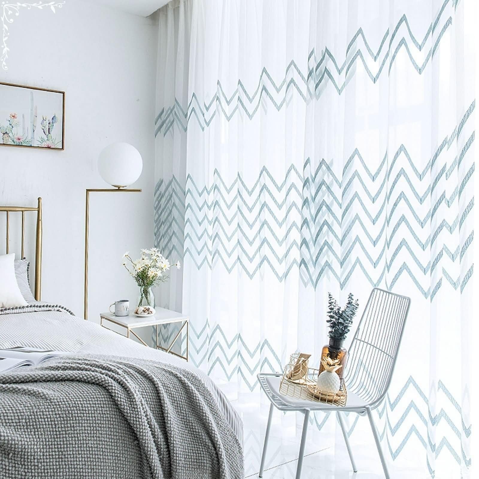 Rideaux transparents vague bleue 228 cm en gaze brodée pour chambre et salon