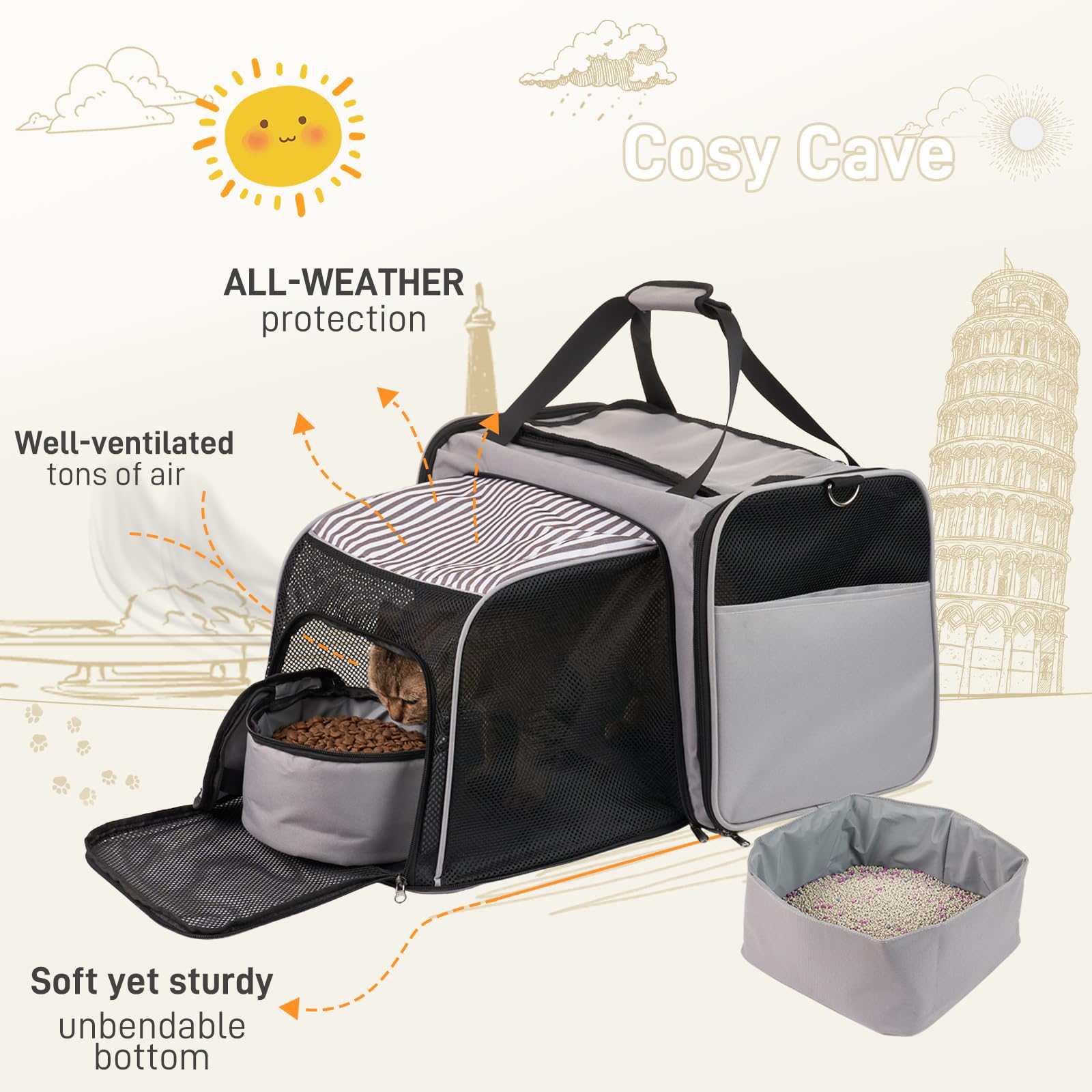 Cat Carrier with Litter Box, Collapsible Soft Sided Pet Carrier for Car Travel, Cat Travel Carrier with Locking Zippers, Expandable Cat Carrier with Food Bowl for Cats/Puppies up to 25 lbs, Grey - image 4