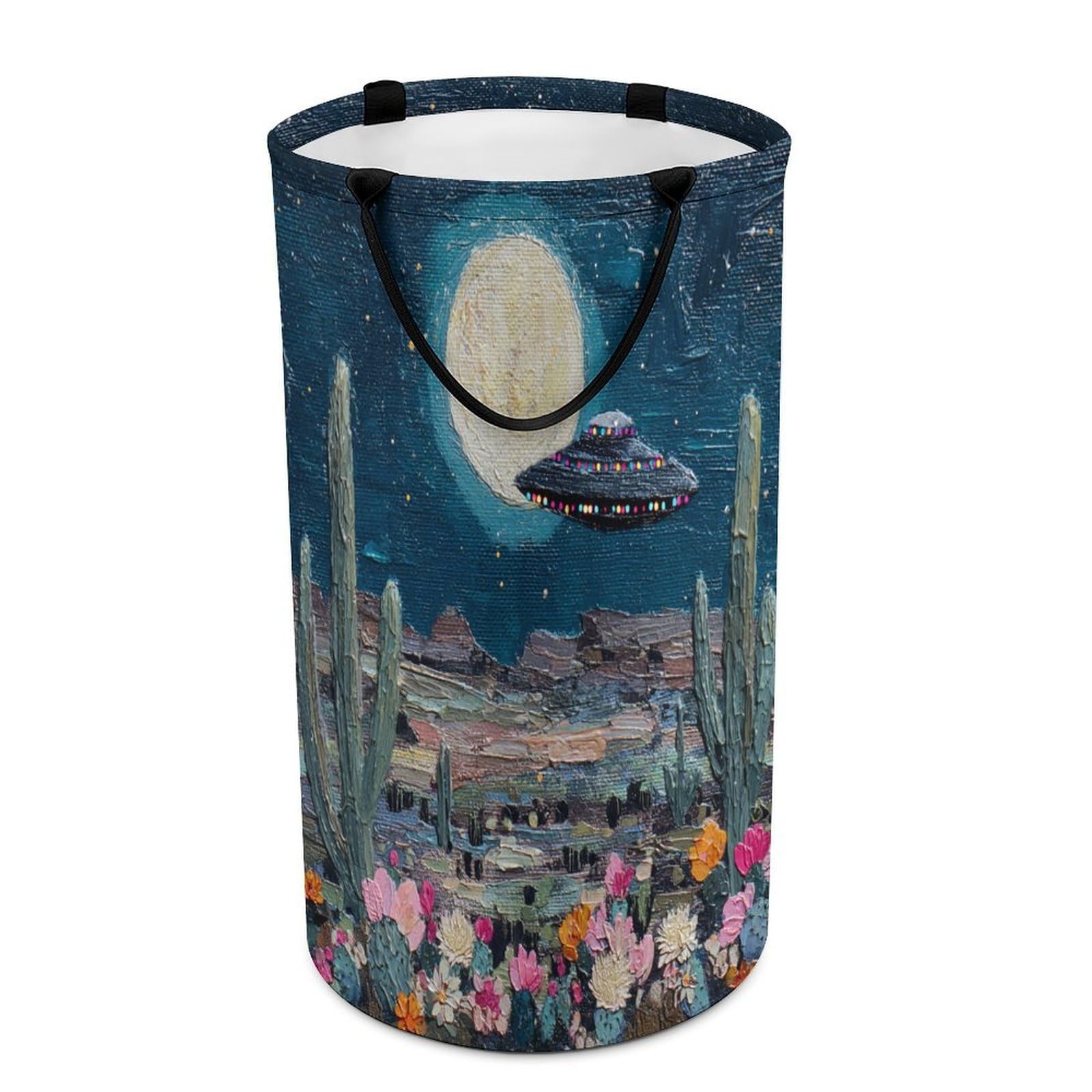 LUYYSKY Modern Fantasy Western Desert Collapsible Dirty Clothes Basket, Retro Natural Full Moon Landscape Plant Cactus Flowers UFO Portable Clothes Storage Laundry Basket-40 CM Dia, 69 CM High
