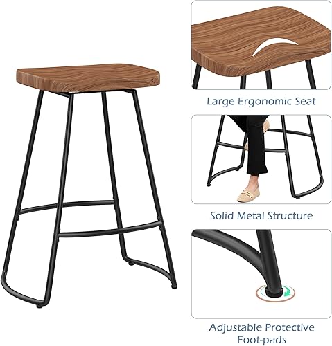 Miniatura 4 de SHINEBOOM Juego de 4 taburetes de bar industriales de metal negro con parte superior de madera, 24 pulgadas