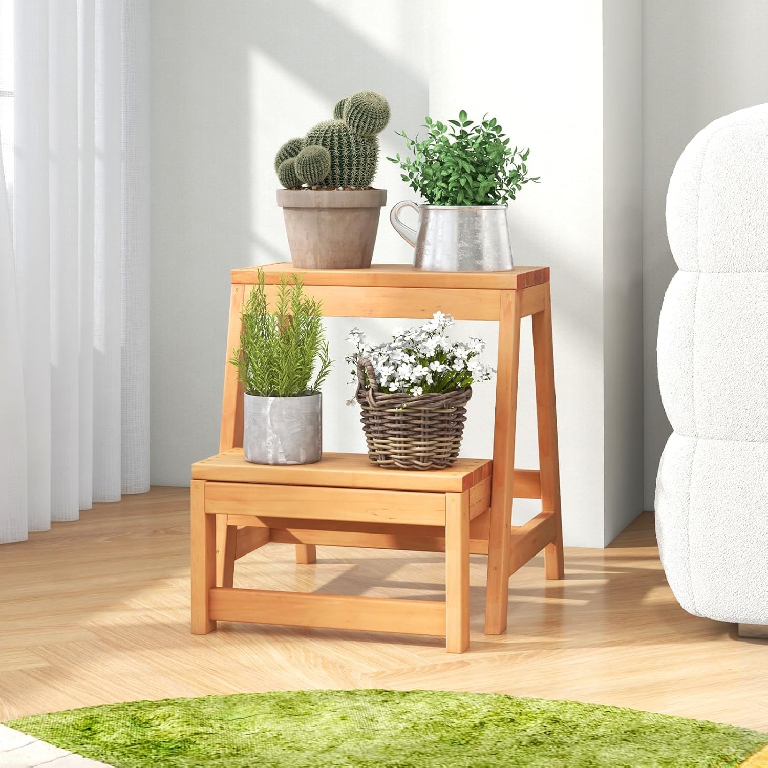 GIANTEX Taburete Escalera Plegable de Madera de Abeto, 2 Peldaños, 50 x 39 x 45 cm, Taburete Plegable Multifuncional, Carga 150 kg+100 kg, para Biblioteca, Cocina, Jardín, Almacén