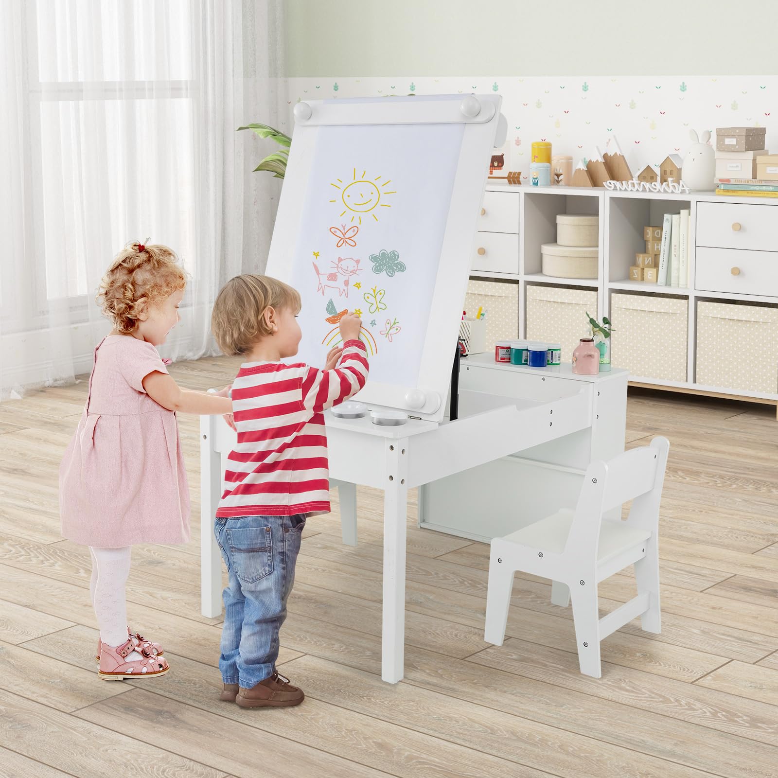 RELAX4LIFE Tavolo D'arte per Bambini con 2 Sedie, Legno, Piano Sollevabile, 6 Cassetti, 4 Tazze Pittura
