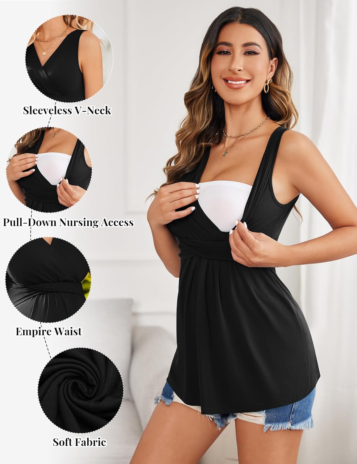 Ekouaer Women's Maternity Tank Tops 3 Packs Sleeveless Nursing Tops V Neck Breastfeeding Shirts Pregnancy Clothes - Image 3