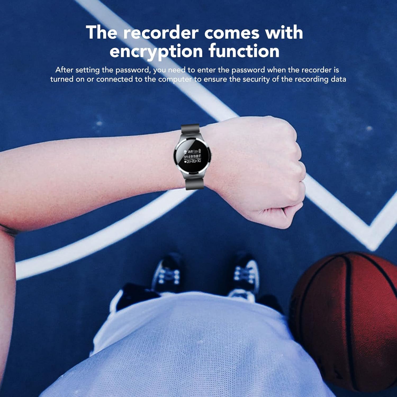 Jectse Voice Recorder Watch on a wrist, illustrating the file encryption feature