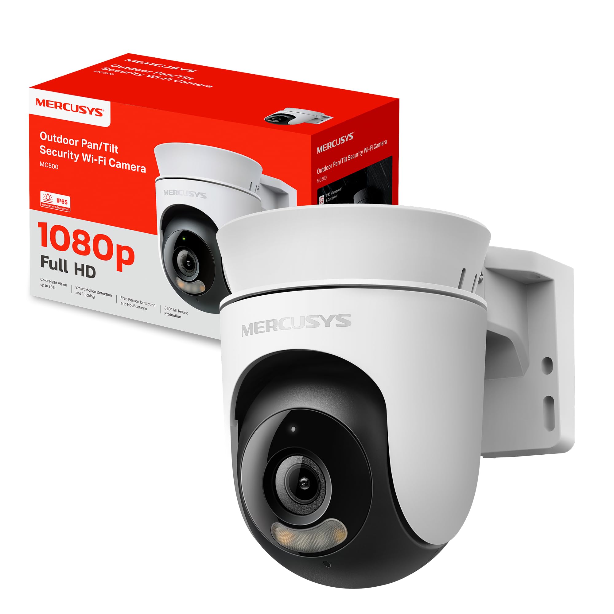 MERCUSYS MC500 - Cámara de Seguridad Exterior Wi-Fi 360° 1080p Full HD, Visión Nocturna a Color, Detección IA de Movimiento, Almacenamiento microSD 512 GB, IP65 y Audio Bidireccional