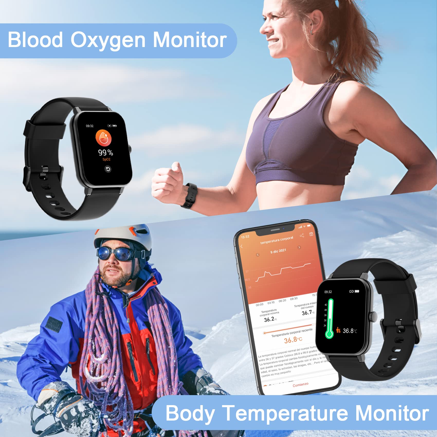 Wodoodporny zegarek sportowy IP68 dla kobiet, 4,69 cala z saturymetrem (SpO2), pulsometr, krokomierz, pogoda, temperatura ciała, fitness tracker do Android iOS, 2 paski