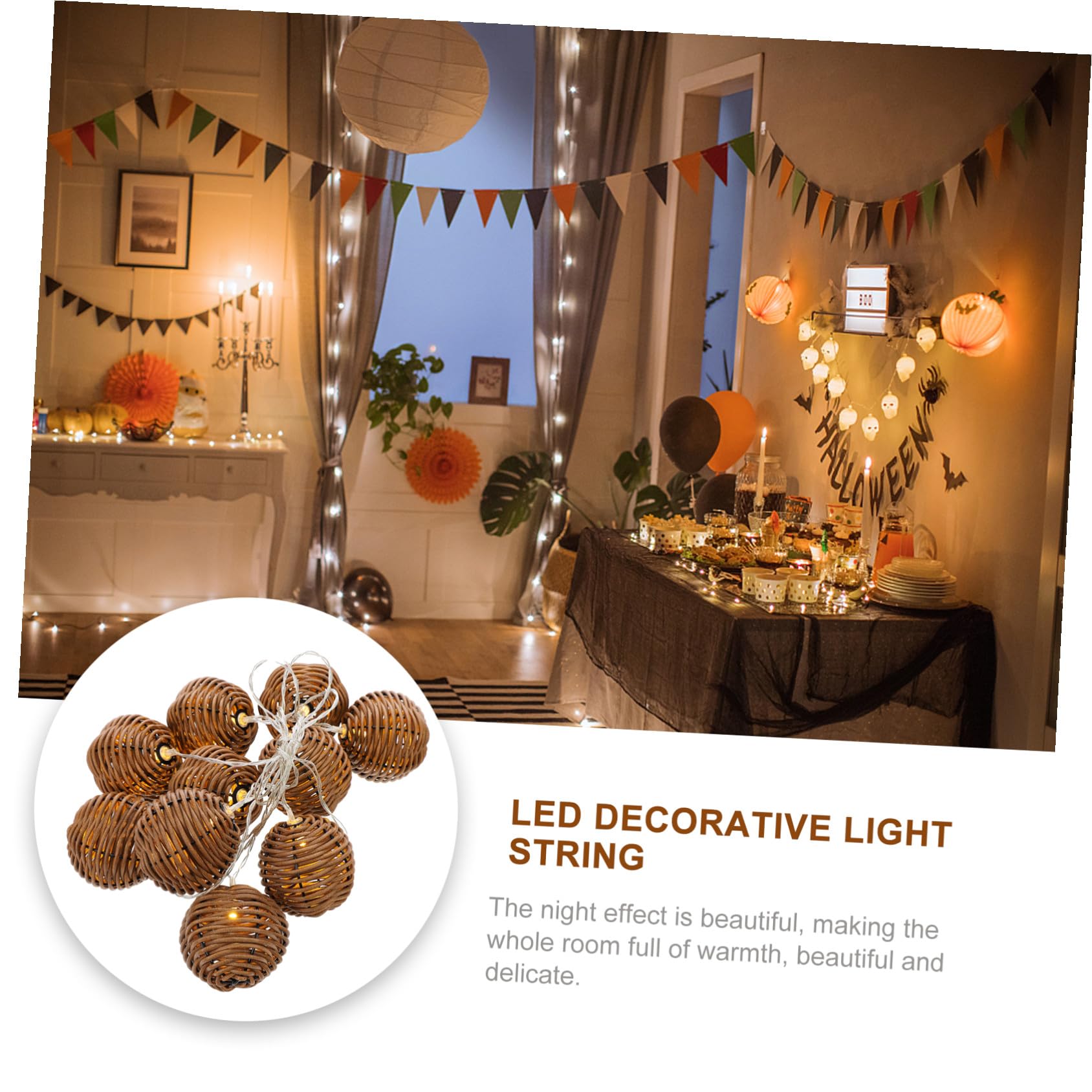Dekorative Lichterkette 1 Satz in Rattan Optik aus Kunststoff und Eisen | Braun, 10, 8 W Beleuchtung, 3 Aa Batterien nicht Enthalten, für Party und Hochzeit