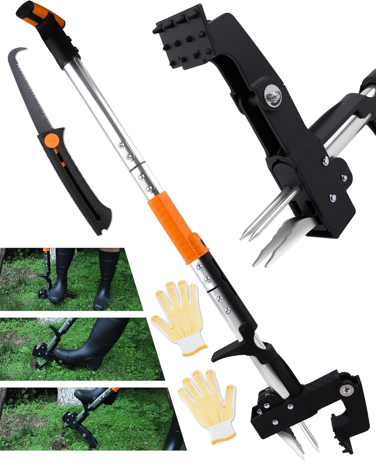 Stand Up Weed Puller Tool with Telescopic Hand Saw - 3-in-1 Long Handle Weed Remover Kit for Weeding, Pruning & Protection - 65MN Steel Saw, Rust-Resistant, Easy Storage with Gardening Glove