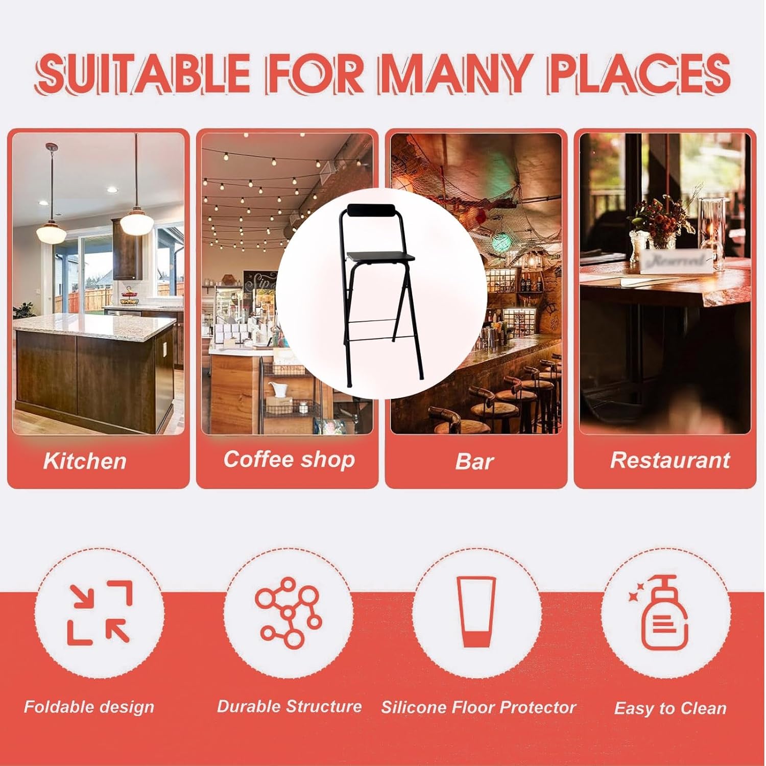 Folding Stool with Backrest, 60/65/70cm Height Foldable Stool, High Chair Wooden Mat, Indoor Tall for, Restaurant, Kitchen (Color : Black 2pcs Size 60cm/24 (Black 1pc 70cm/28in)