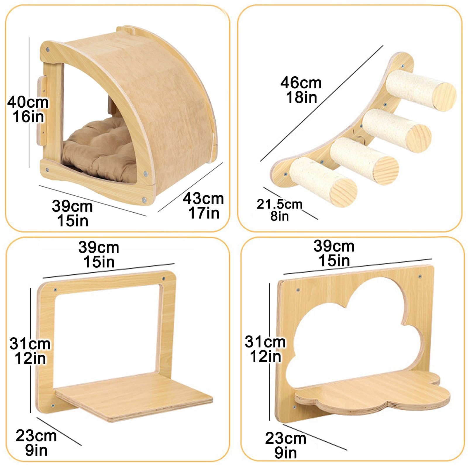 Albero per Gatti, Set di Tiragraffi da Parete, Parete da Arrampicata in Legno da 4 Pezzi con Rivestimento in Peluche Salvaspazio per Dormire e Giocare