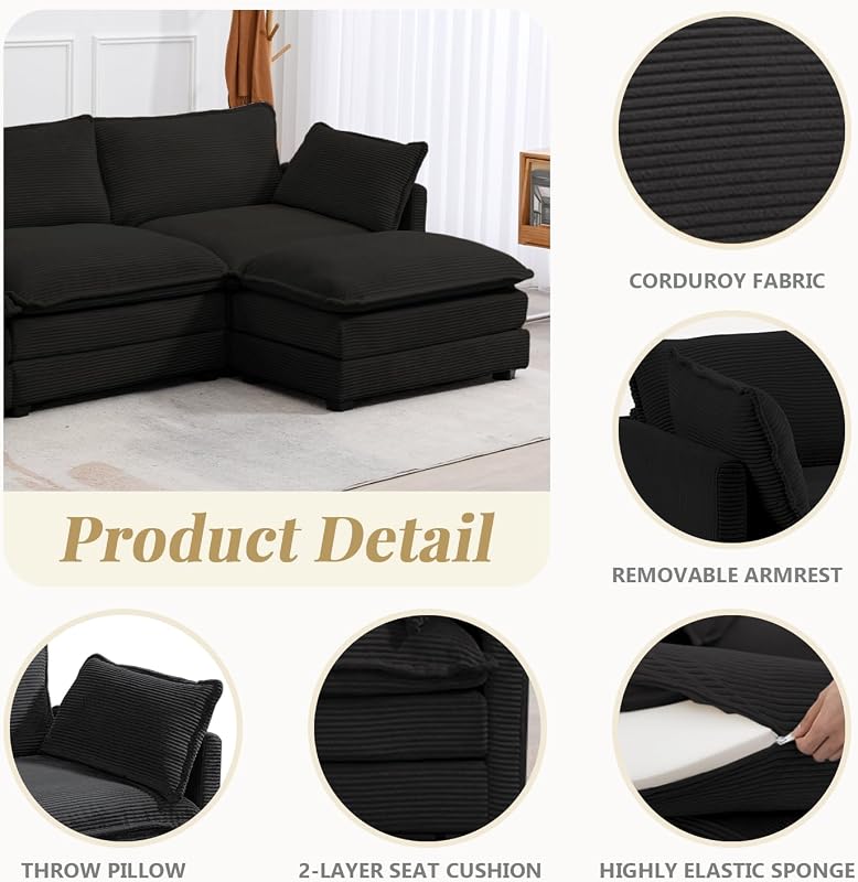 ROWHY 112'' Modular Sectional Cloud Couch with Movable Ottoman, 4 Seat Modern Corduroy Sofa, Deep Seat L Shaped Couch for Living Room Bedroom Apartment,Black image 5