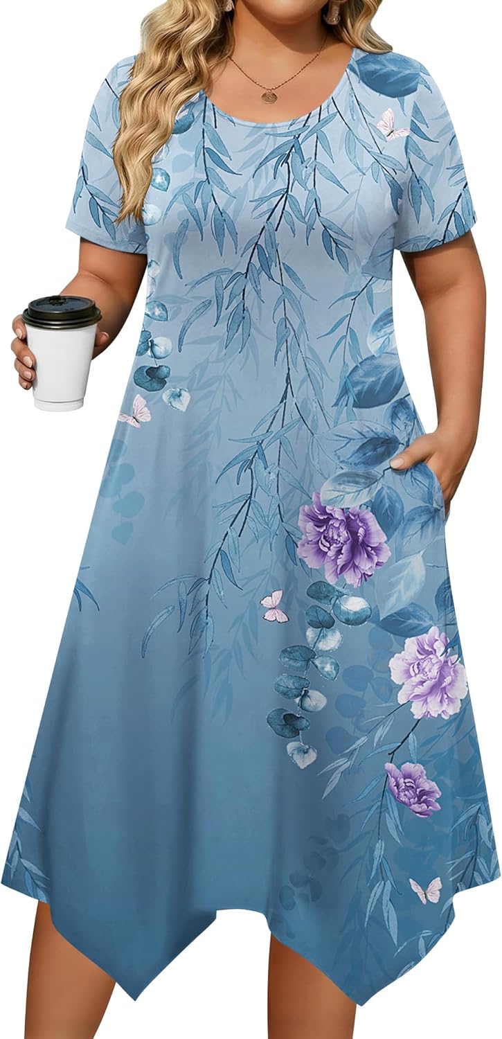 IN'VOLAND Plus Size Dresses for Women Loose Summer Casual A-Line Flowy Midi Dress with Pockets Beach Vacation Clothes