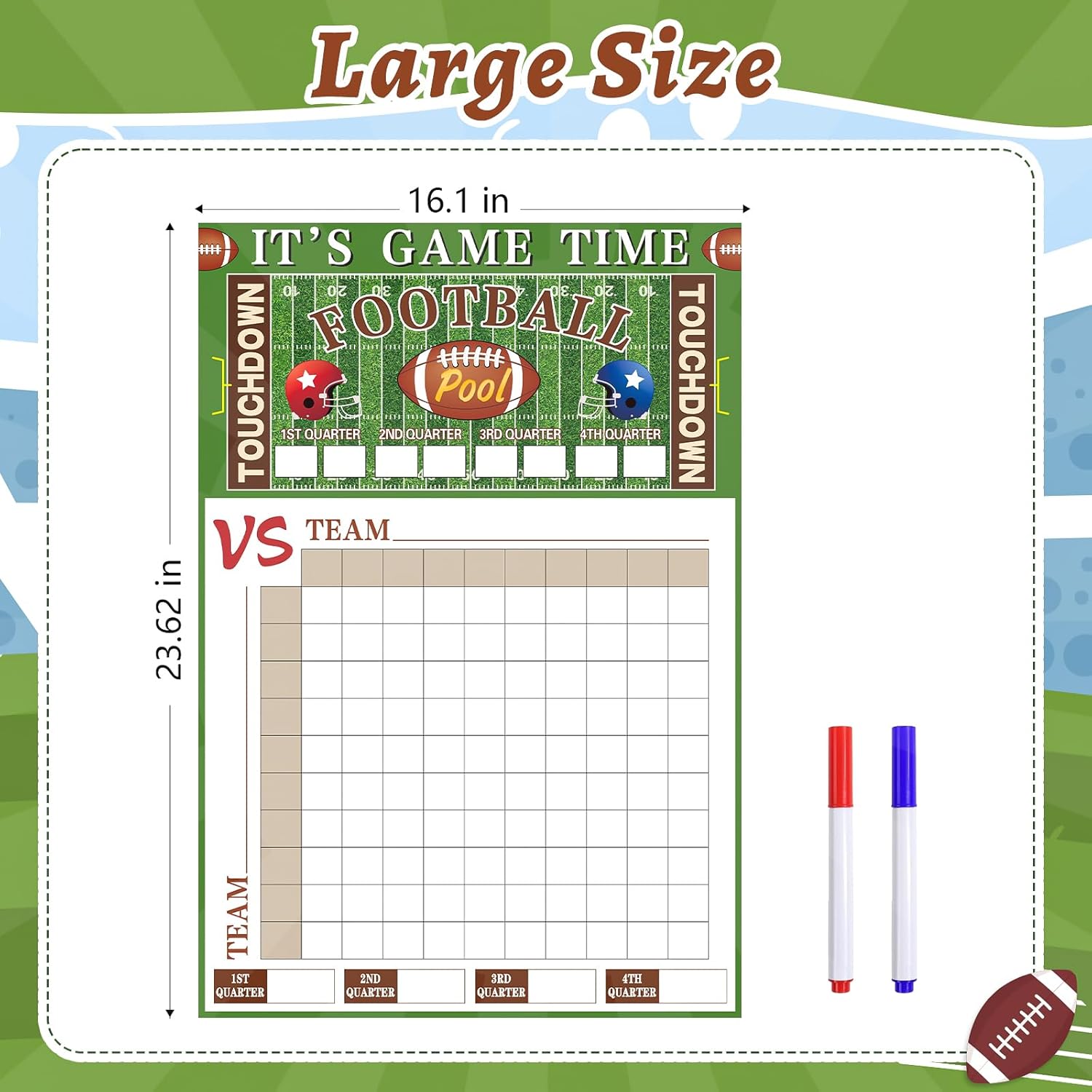 Large Football Pool Poster Squares 100 Grids Score Record Poster Football Party Supplies 16.2 X 23.6 Inch Super Game Bowl Party Decorations 2026 Indoor Outdoor (Green) - Image 2