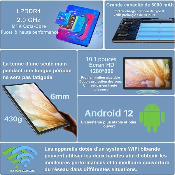 DMOAO Tablette 10 Pouces 4Go RAM(Extensible jusqu'à 8 Go) 64Go ROM 1TB Extensible, Tablette Android avec 5G WiFi, Bluetooth 5.0, 8 cœurs 2.0 GHz, 6000mAh, 1280 * 800, Type-C, Tablette Tactile, Noir - 2