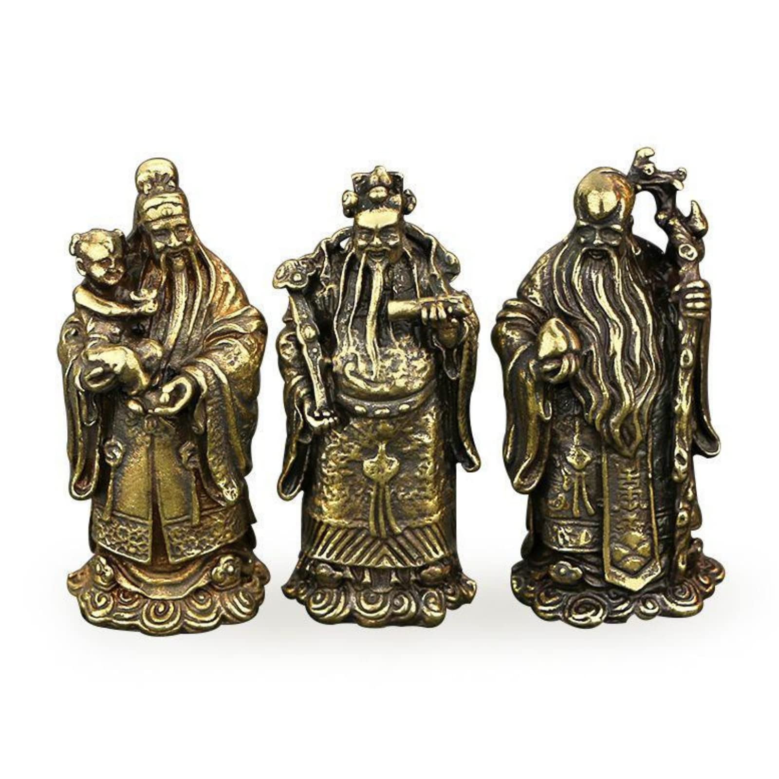 Figurine Small Brass Statue Golden Brass Craft Miniatures Sculpture Antique God of Wealth, God of Career, God of Longevity Chinese Style Statue Three Immortal Brass Statues Feng Shui Statue Wealth Goo