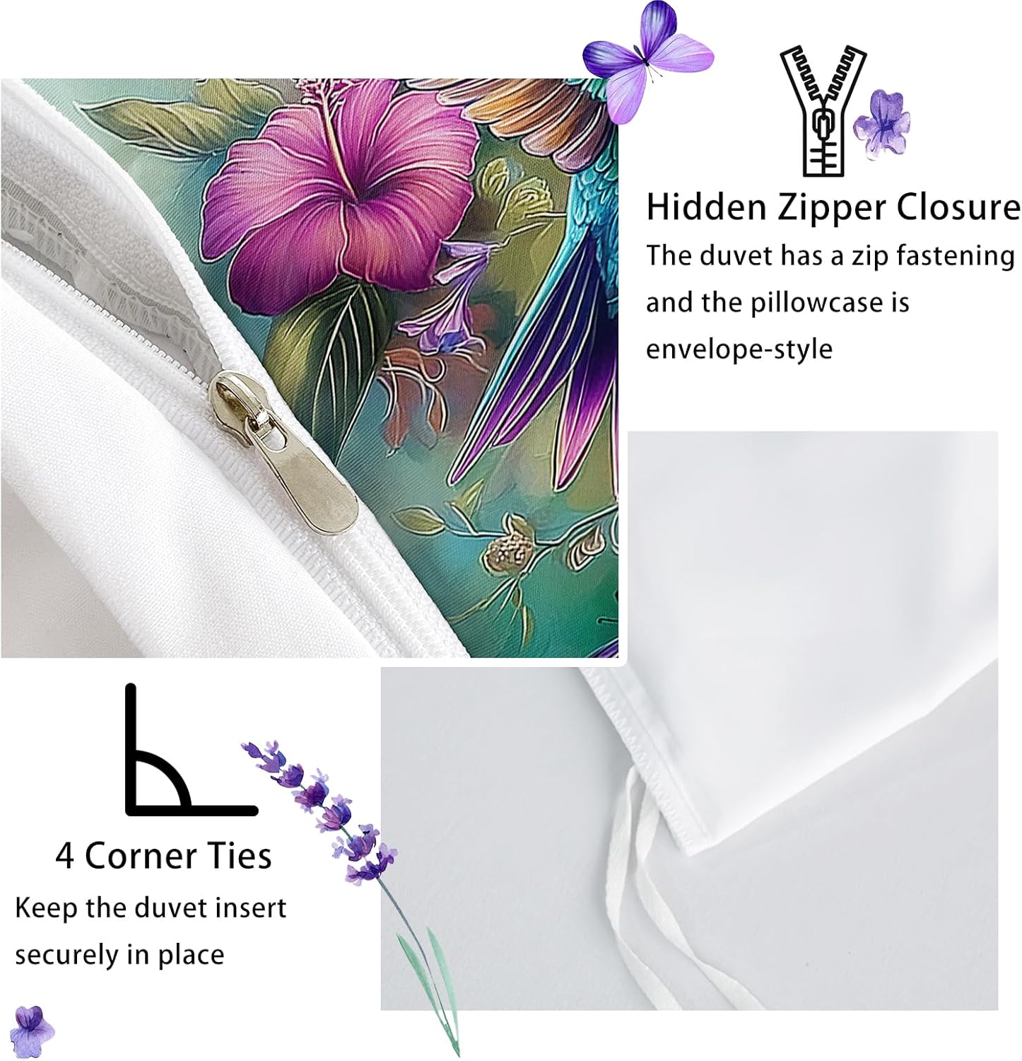 AILONEN Beautiful Hummingbird Duvet Cover Set Full Size, Colorful Flower Bird Print Bedding Set for Girls Women,3 Pieces Soft Quilt Cover with 2 Pillowcases