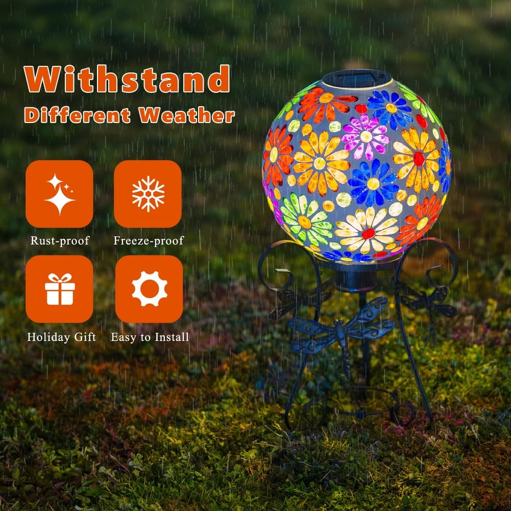 Starsoul Solar Gazing Ball, 10" Lighted Flowers Mosaic Gazing Balls with Stand, Glass Outdoor Garden Globe, Gazing Balls for Garden Lawn Yard Decor