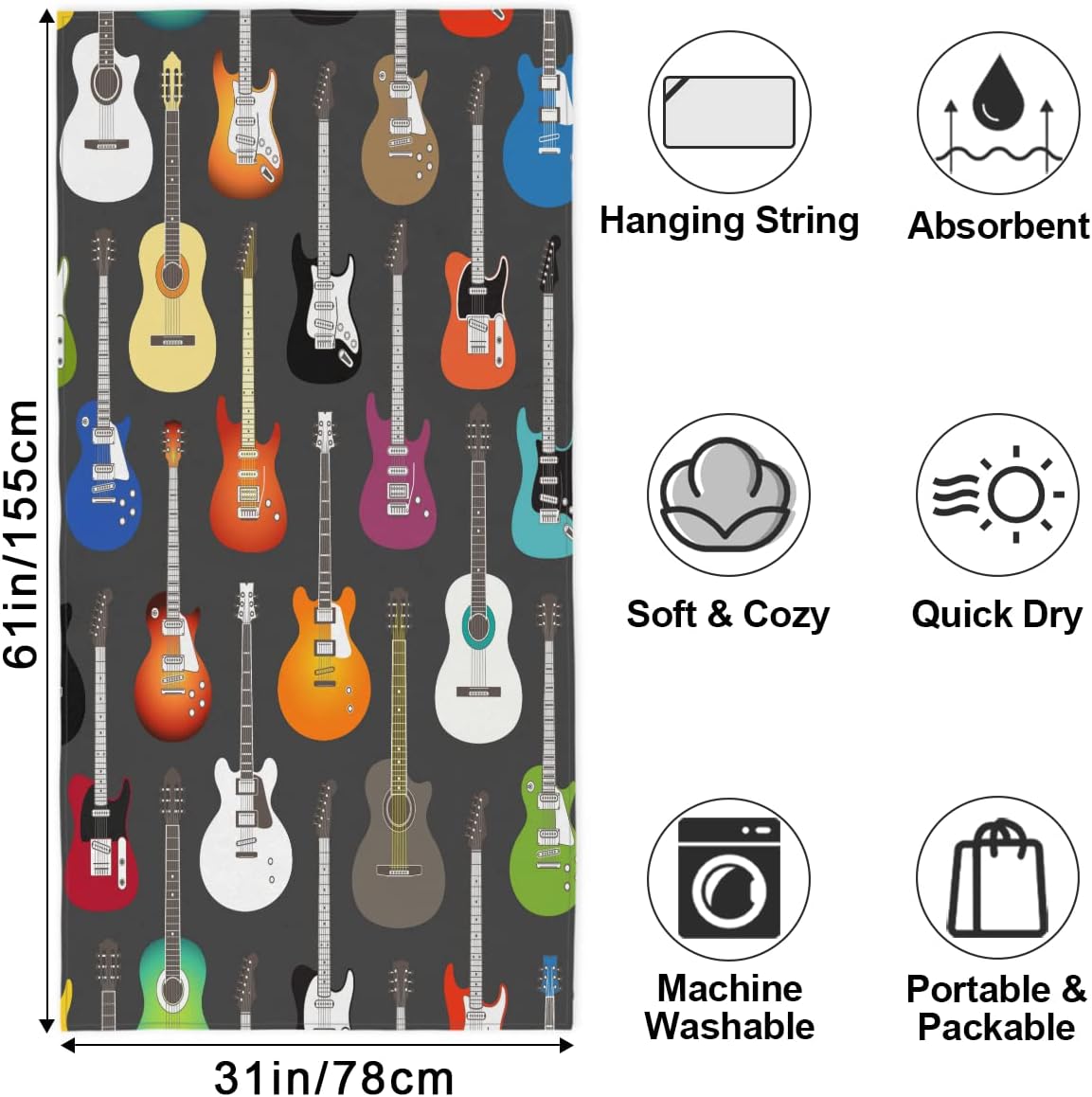 Microfiber Colorful Guitar Bass Thick Beach Towel Oversized, Quick Dry Bath Towel Large, Absorbent Bathroom Towel for Women, Men, Travel, Swim, 31"x61" - Image 2
