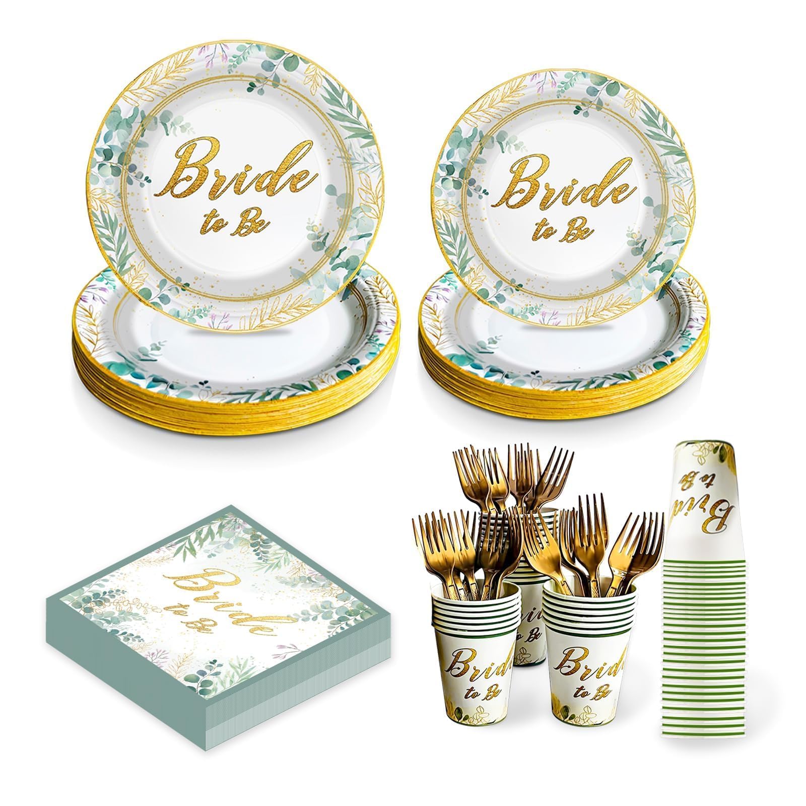 EggSun Sage Green Bridal Shower Plates and Napkins Kit, Bride to Be Eucalyptus Bachelorette Party Decorations Supplies for Bridal Shower Party