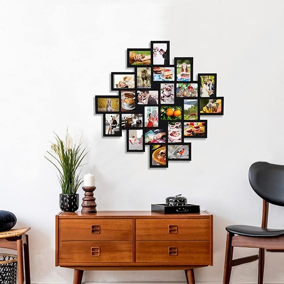 Adeco 35x35 Inch Large Square Collage Picture Frame - Holds 24 4x6 Photos, Black Wood Family Tree Photo Board for Living Room, Hallway & Bedroom Wall Decor
