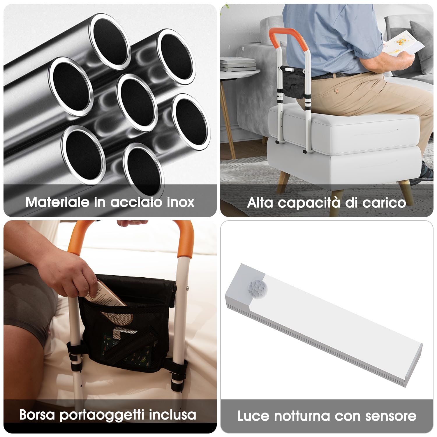 Zelvia Sponda letto Anziani, manico regolabile in altezza, con manico antiscivolo, luce a LED rimovibile con custodia, per anziani e pazienti di riabilitazione (Nero)