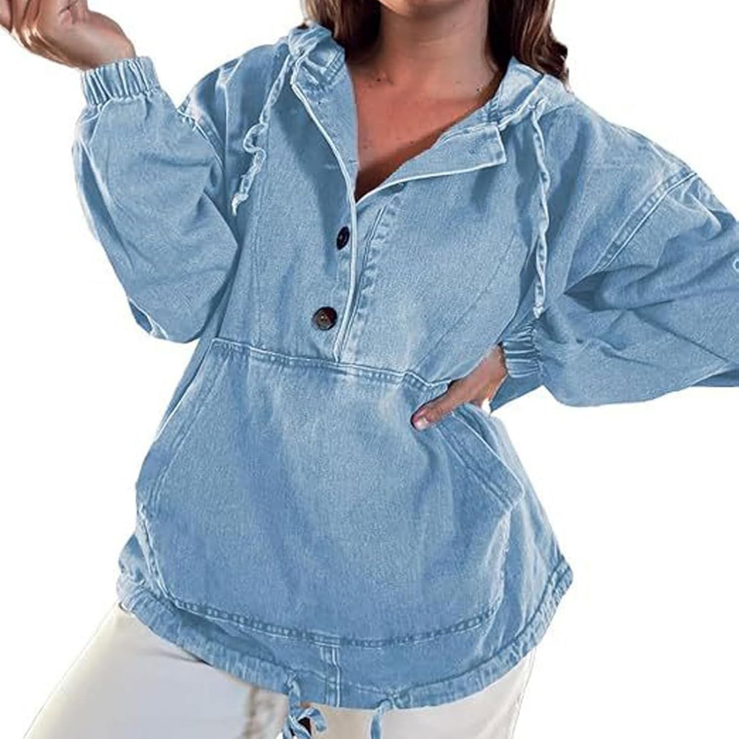 Women's Denim Hoodie Button Up Long Sleeve Jean Pullover Hoodies Sweatshirts Loose Casual Denim Hooded Sweatshirt