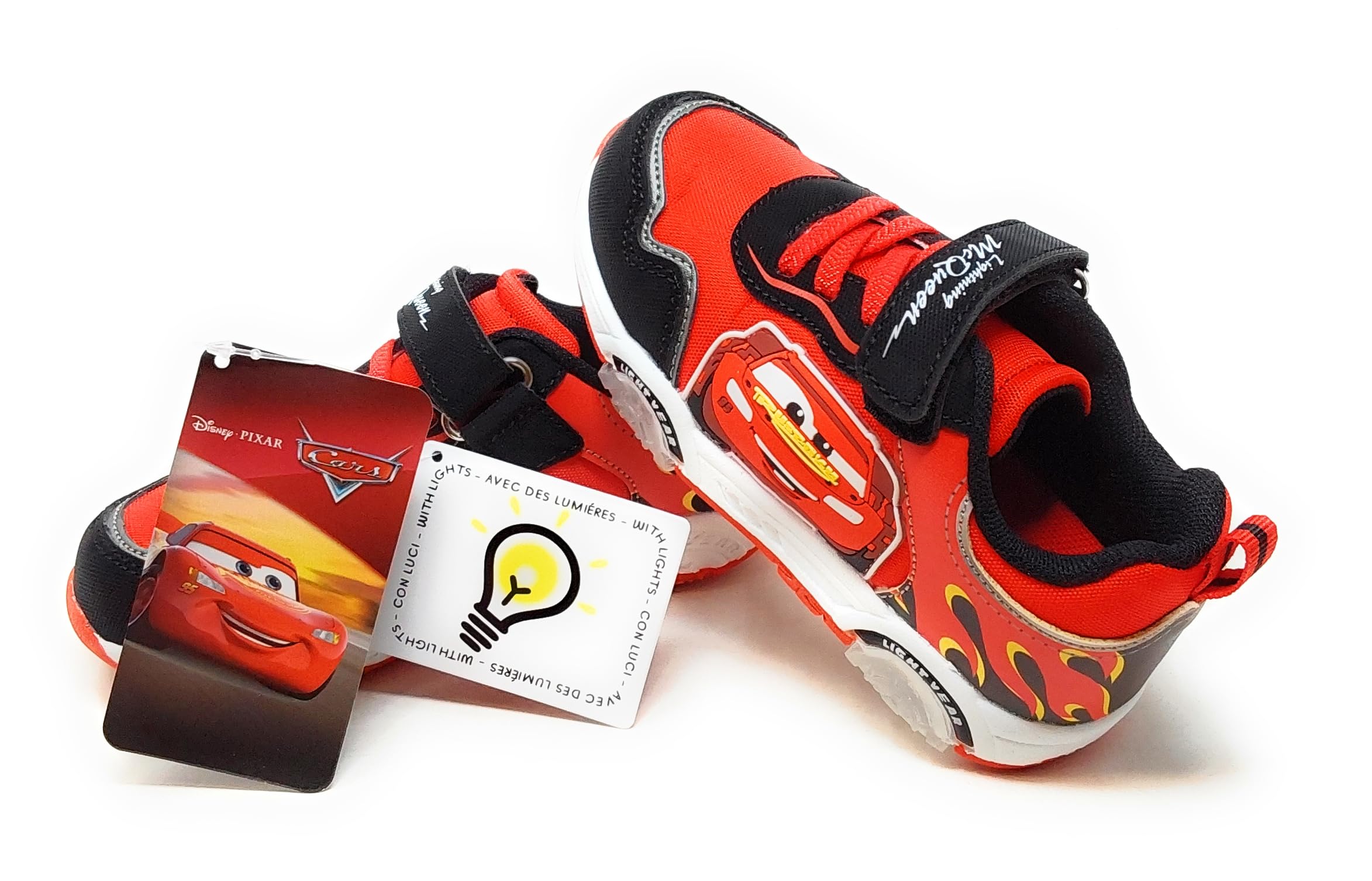 Scarpe Sport Cars D5010223T per Bambini,a Strappo,Nero e Rosso,Luci Integrate nell'intersuola e Lato Sneaker