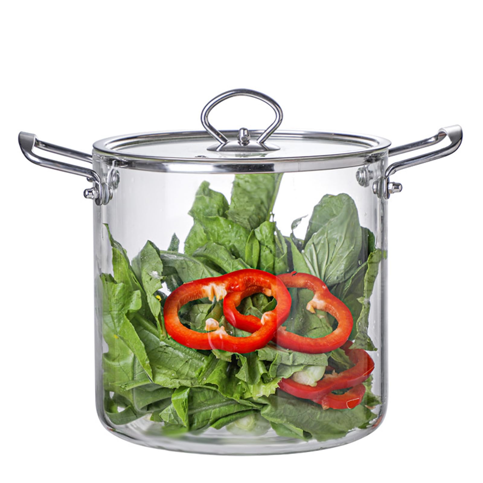 Pentola in vetro trasparente con coperchio, 5,5 l, resistente al calore, con manici in acciaio inox, pentola per cuocere a fuoco lento per pasta, pasta, zuppa, latte, 30,5 x 20,3 cm