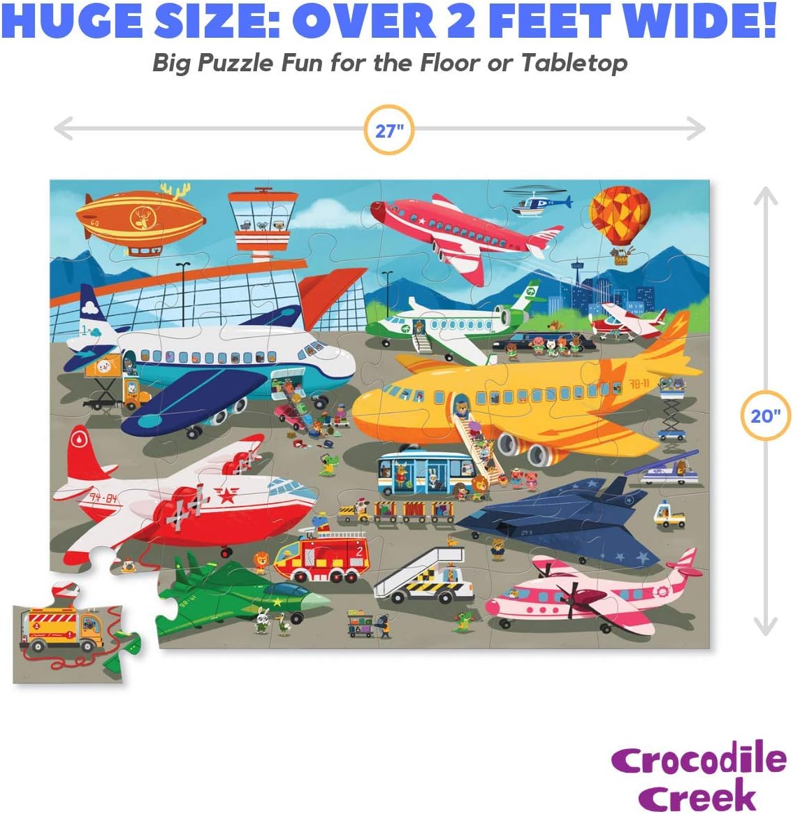 Crocodile Creek - Busy Airport - 36 Piece Jigsaw Floor Puzzle with Heavy-Duty Box for Storage, Large 20" x 27" Completed Size, Designed for Kids Ages 3 Years and up