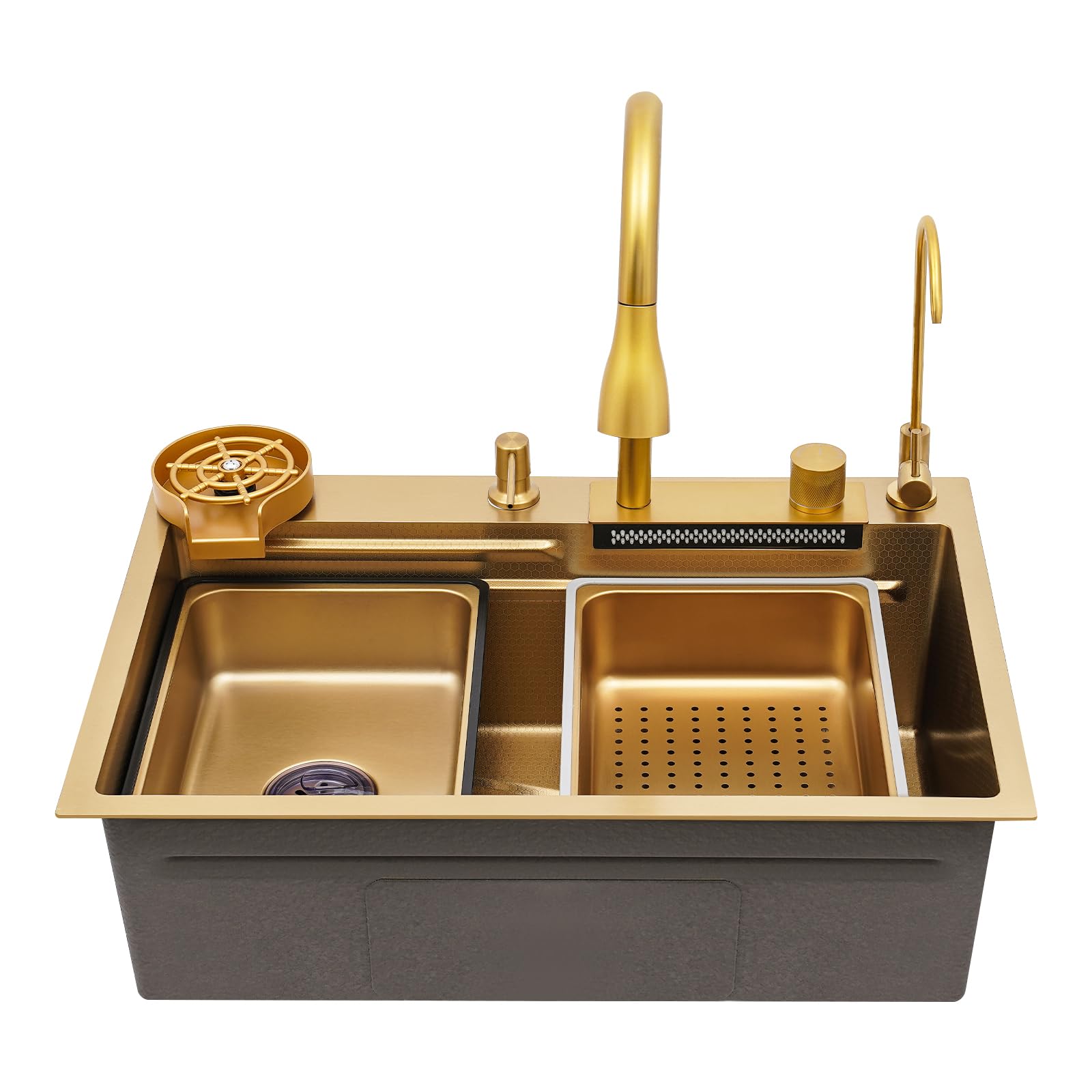 Spülbecken Küche, Kitchen Sink Modern Edelstahl Küchenspüle Wasserfall, Drei Wasserauslaufmodi, Multifunktionale spülbecken mit Ausziehbarer Wasserhahn und Entwässerungskomponente (Gold)